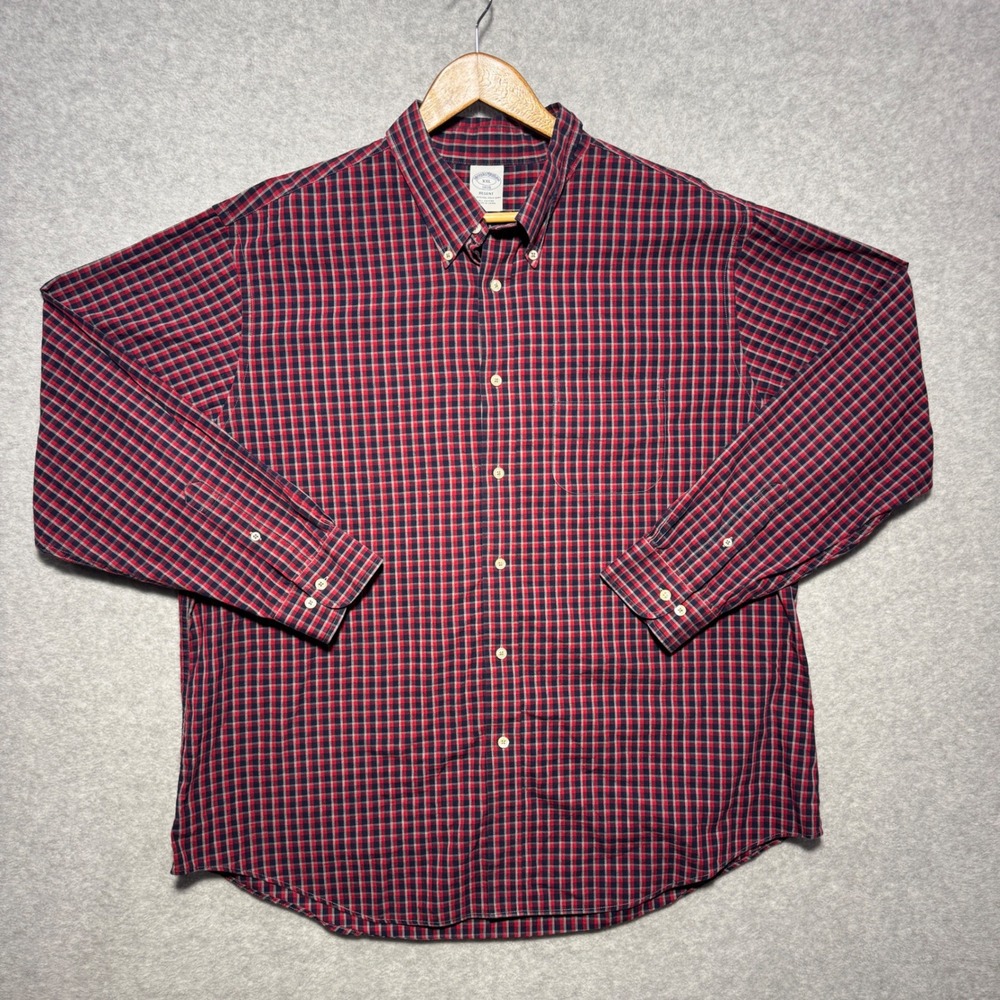 Brooks Brothers 1818 Regent Fit Red Navy Plaid Button Down Shirt Mens XXL Cotton